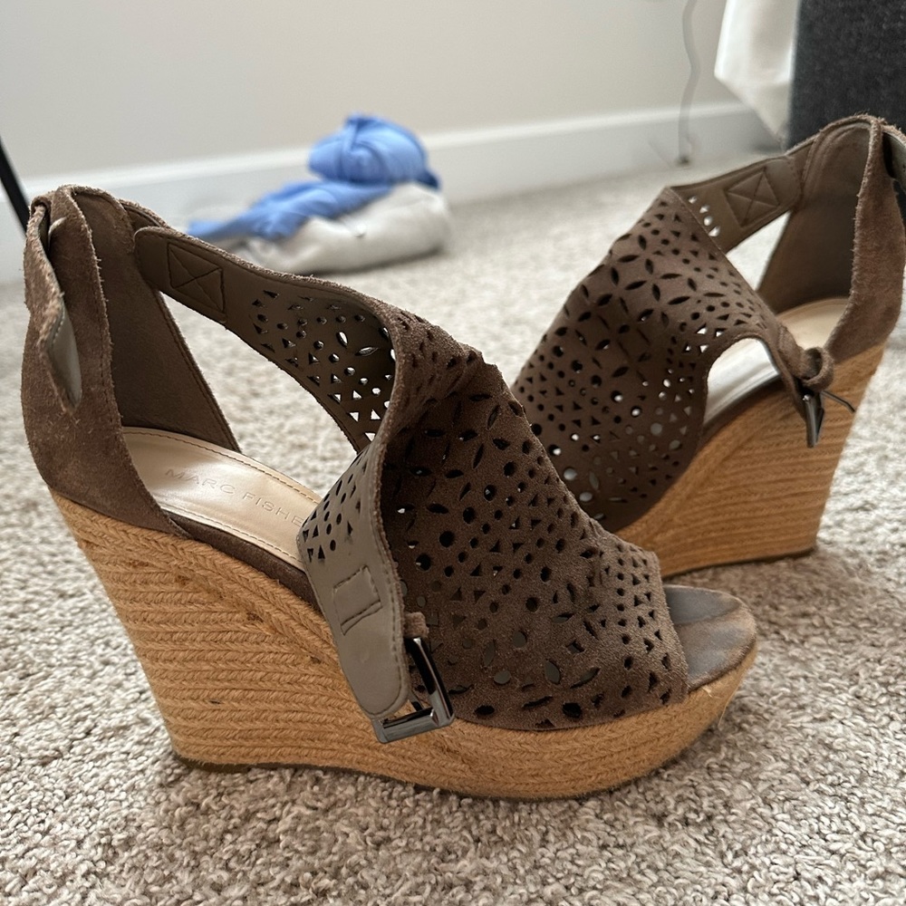 Marc Fisher dark green suede wedges, size 7.5